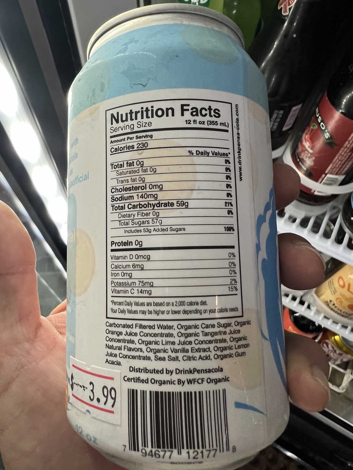 Back label of Pensa-Cola showing ingredients, Distributed by DrinkPensacola, and Certified Organic By WFCF Organic