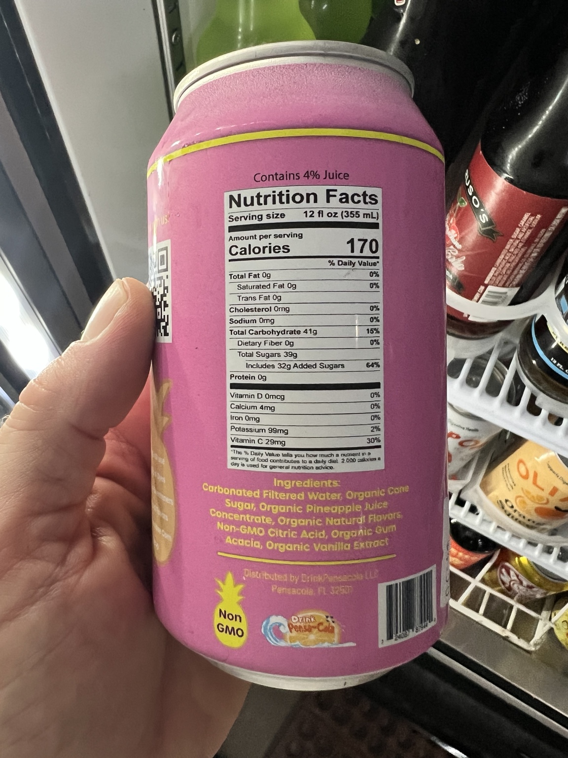 Back label of Pensa-Colada showing ingredients and Distributed by DrinkPensacola LLC, Pensacola, Florida 32507