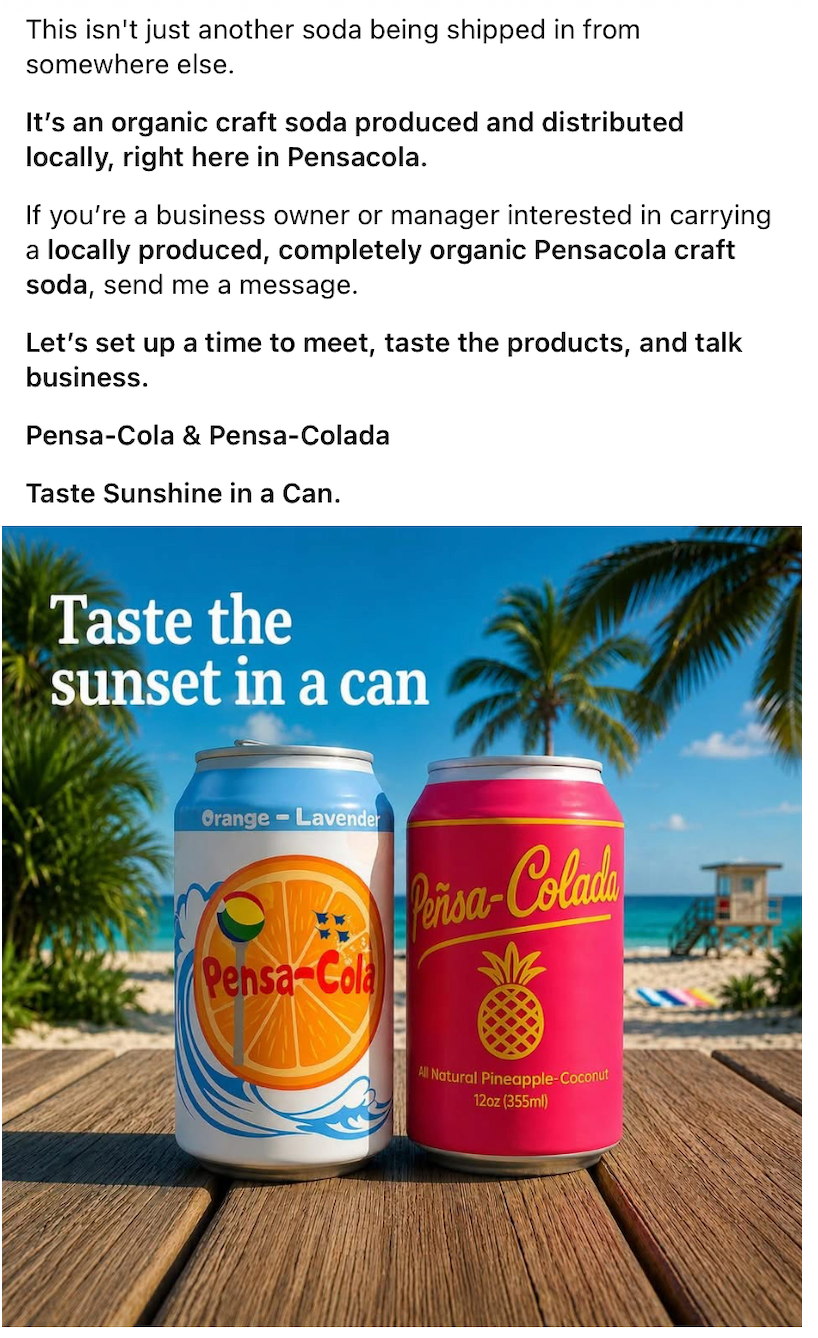 Continuation of the Pensacola Foodies post with Pensa-Cola and Pensa-Colada product artwork